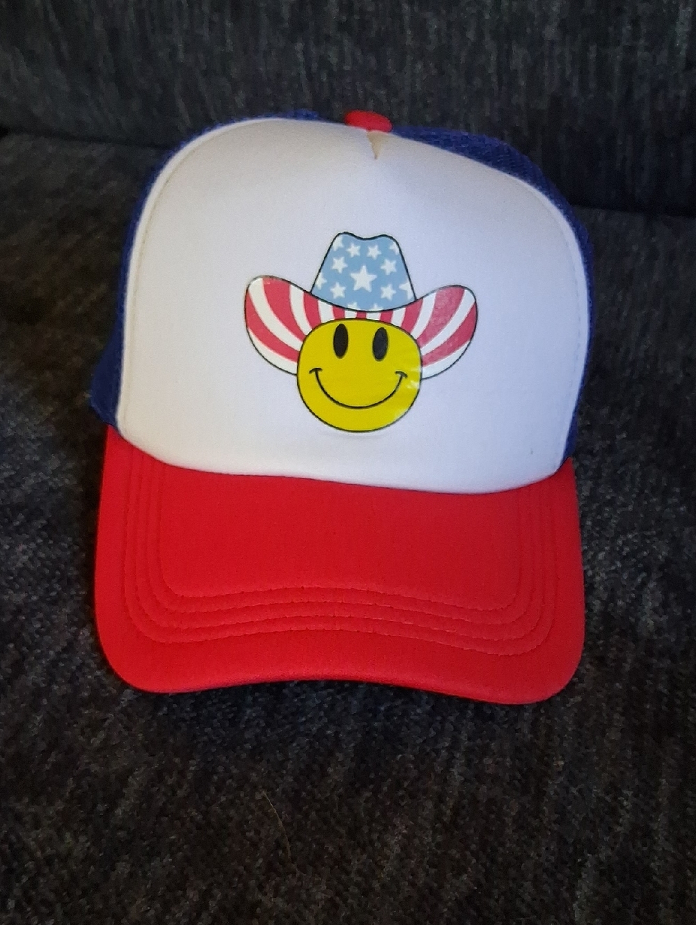Red, White & Blue Smiley Trucker Hat - Patriotic Mesh Cap